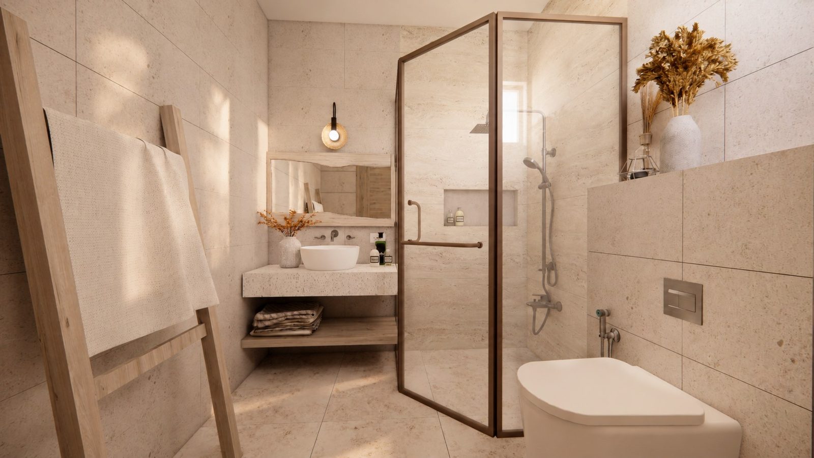 Ensuite bathroom render — stone, timber, corner shower