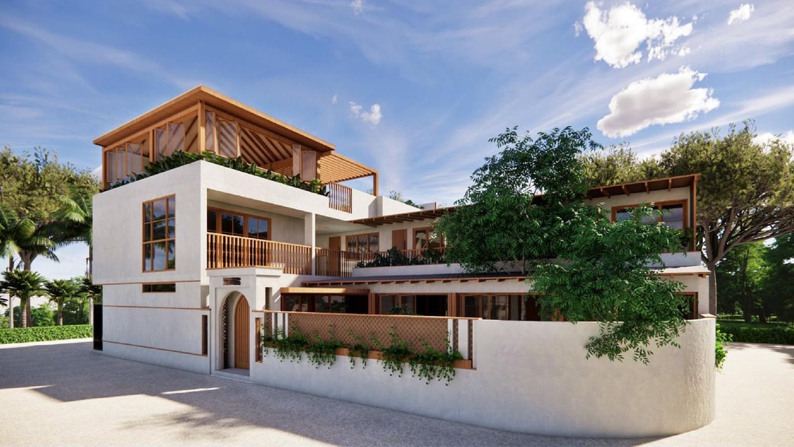 Exterior render of the house from the corner - white render, timber louvres, roof terrace