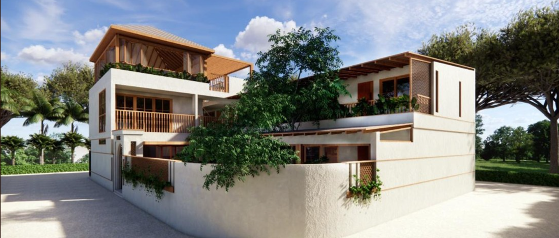 Exterior render of the house from the lane — white render, timber louvres, roof terrace