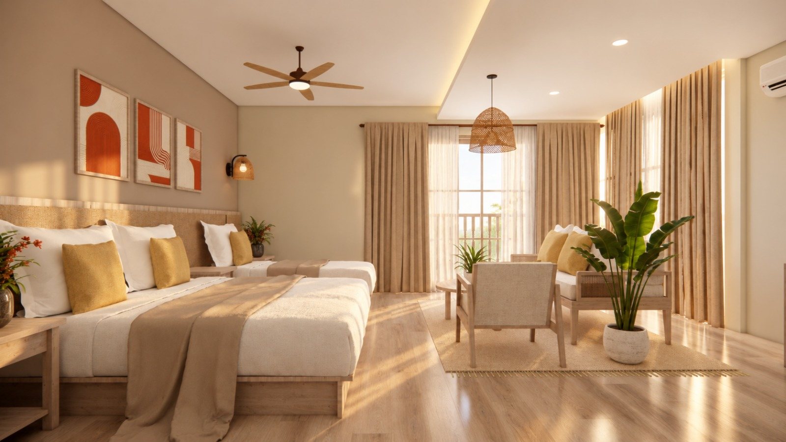 Render of the first-floor Surf Suite - beds, living area and balcony
